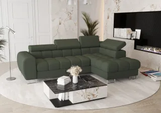 Ecksofa Schlafsofa BASTIEN in Stoff Gemma Dunkelgrün Ottomane Rechts