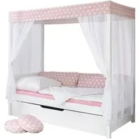 Ticaa Himmelbett Himmelbett "Rosa" 310 Kiefer Weiß (Rosa/Weiß, Oberer Teil abnehmbar und als Einzelbett stellbar