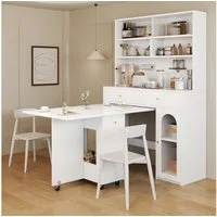 Flieks Küchenbuffet Hochschrank inkl. klappbar & beweglich Esstisch mit Rollen (Set, 2-St., Buffetmaße: 120x45x180 cm, Tischplattemaße: 40/80/120x75x75 cm) Küchenschrank mit Lochwand&Glasschiebetür, Küchentisch mit Schuladen