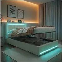 PXloue Polsterbett LED Doppelbett, Einzelbett, Bettkasten, Ladefunktion, Leinen, 90x200 cm