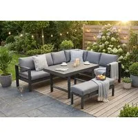 MeXo Gartenlounge-Set XXL Outdoor Lounge Set mit Esstisch, (Wetterfeste modulare Ecklounge aus Aluminium, 5-tlg., Gartenmöbel Set für 6-8 Personen), 12cm Deluxe Relax-Sitzkissen, 8 cm breite Armlehne
