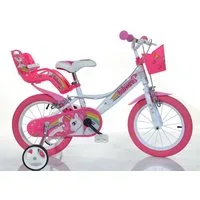 Dino Bikes Kinderfahrrad 16" Unicorn Einhorn Kinderfahrrad Mädchenfahrrad Freilauf 4–7 Jahre, 1 Gang, mit Stützrädern, Korb und Puppensitz