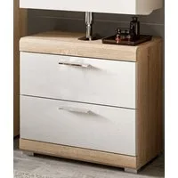 Inn.Furn Waschbeckenunterschrank Mambo (Badschrank in weiß Hochglanz und Eiche, 60 x 56 cm) mit 2 Vollauszug Schubladen