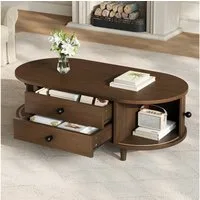 HAUSS SPOLE Couchtisch mit 2 Schubladen,Kaffeetisch Sofatisch Rolltüren & Holzbeinen,Walnuss (Wohnzimmertisch Beistelltisch 100×50×36 cm mit MDF-Korpus), Teetisch mit Kunststoffgriffe