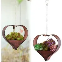 HEYHIPPO Blumentopf Metall Herz Hänge-Blumentopf Braun 26,4x9x26,9 cm Gartendeko Rost (Wetterfeste Hängeampel aus Eisen für Garten, Balkon und Außendeko), Herzförmiger Wandblumentopf aus Eisen, wasserdicht mit Drainagelöchern