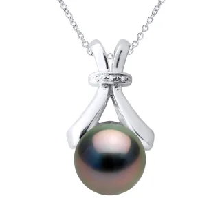 Halskette Schmuck Diamant 0,01 Karat Weißgold und echte Tahiti-Zuchtperle rund 7-8 mm