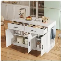 Flieks Kücheninsel mit Steckdosen, USB-Anschlüsse und verstellbare Einlegeböden, (Arbeitsplatte in Marmoroptik, 120x60x91 cm), Küchenschrank Küchenbuffet mit Schubladen und Handtuchhalter Weiß