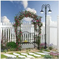 Outsunny Gartenbank Laubenbank Philosophenbank Rankgitter Rankhilfe (Rosenbank, 1-St., Rosenbogen mit Bank), Metall Schwarz 115 x 59 x 203 cm