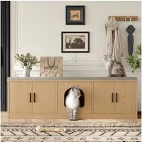 i@home Katzentoilette 4-in-1 Katzenschrank 140×40×45 cm, Verstecktes Katzenklo, Schuhschrank, Kratzmatte & Sitzbank, Belüftung