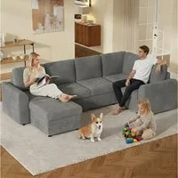Flieks Ecksofa L-förmig inkl. beweglicher multifunktionaler Hocker mit Stauraum, Hocker mit umklappbaren Deckel als Couchtisch, L282/T153/H85 cm, 6-Sitzer Sofa mit Schlaffunktion Eckcouch Grau, Corduroystoff