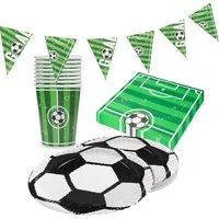 Party Factory Geschirr-Set Fußball Goal Partyset – Teller Becher Servietten Wimpelkette, 8 Personen, Kräftige Farben & sportliches Layout