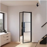 inova wohnen Zimmertür Loft-Glastür mit Stahlrahmen, Komplettset, 3-Felder, satiniertes Glas, 830x2115 mm, Türzarge und Türklinke in Schwarz, DIN rechts