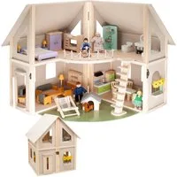 howa Puppenhaus, aus Holz klappbar inkl. 30tlg. Möbelset, 4 Puppen und Hund