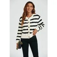 FS Collection Strickjacke Strickjacke Cardigan mit Streifenmuster aus Wollmischung – Onesize (Einheitsgröße: UK 8–16 / EU 36–44, 3 Farben : Creme/Schwarz, Schwarz/Weiß und Creme/Rot) 56 % Viskose, 26 % Polyester, 18 % Wolle