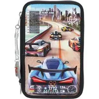 Depesche Buntstift Gefüllte 3-Fach Federtasche Dunkelblau mit Auto-Rennspielmotiv, Skyline-Design, inklusive Buntstifte, Schere, Lineal und mehr