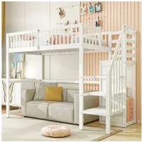 Flieks Hochbett Massivholz Kinderbett 90x200cm mit Treppe und Kleiderstange