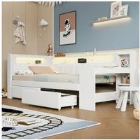 Merax Daybett Schlafsofa mit LED und USB (Kinderbett Jugendbett Sofabett aus Leinen, 1 tlg), Holz Tagesbett 90x200cm mit 2 Schubladen, Ablagefach und Schreibtisch