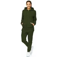 L.gonline Freizeitanzug Damen Jogginganzug einfarbig 100% Baumwolle 586 Oliv S (Kapuzenjacke mit Reißverschluss, Hose, 2-tlg), Fitness Freizeit Casual