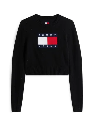 Tommy Jeans - Tommy Flag Slim Fit Pullover mit Pailletten schwarz - Gr. - L