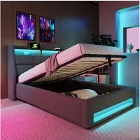 Flieks Polsterbett, Baumwolle-Leinen Bezug Stauraumbett mit USB-Anschluss und LED 90x200cm