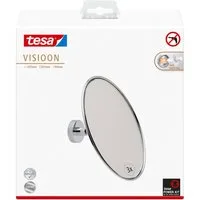 tesa Schminkspiegel Kosmetikspiegel Visioon - runder Badezimmer Schminkspiegel (Komplett-Set, 1-St., Inkl. Powerkit Montagezubehör - enthält Klebelösung und Adapter), 3-fache Vergrößerung - Wandmontage ohne Bohren - 14 cm - Silber