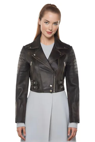 Damen Vintage Schwarze Cropped Brando Leder Bikerjacke-Bellville