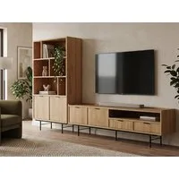 Beautysofa Wohnzimmer-Set Evron 2-teilig Bücherregal 90 cm + TV-Board 200 cm, (Lowboard mit Metallbeinen 20 cm, Schubladen, Türen und offenen Fächern), modernes Wohnzimmermöbel-Set in Warmia Walnuss oder Hikory Natur