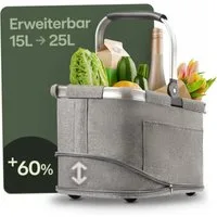 Praknu Einkaufskorb Einkaufskorb Faltbar – 2 in 1 Erweiterbar, Waschbarer Bezug, Tragekorb, 25 l, Stabil mit Alurahmen & Verstärktem Boden – Extra Fächer innen & außen