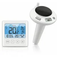 BEARWARE Schwimmthermometer Schwimmthermometer, Poolthermometer mit Wetterstation, Funk, digital, Set 2-tlg., Pool-Thermometer, Basisstation, USB-C-Ladekabel & Seil, Wassertemperatur, Luftfeuchte, Innentemperatur, Außentemperatur, Solar