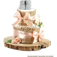 dubistda-WINDELTORTEN- Neugeborenen-Geschenkset Windeltorte ALLES JUTE mit "Oh Baby"-Holz Caketopper und Baby Booties