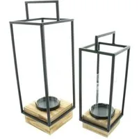 Dekoleidenschaft Kerzenlaterne "Modern Industrial" Laterne aus Metall & Glas mit Holzsockel Windlicht (2 St., im Set), 35 + 45 cm hoch, Kerzenhalter, Bodenwindlicht, Kerzenständer
