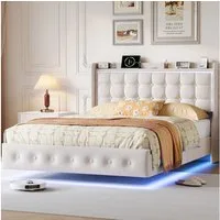 ADWOLT Polsterbett Doppelbett Schwebebett Mit LED-Licht und USB+Typ-C Anschluss (Packung, 1-tlg., Jugendbett), 140x200 cm, Versteckte Bettbeine, Samtstoff - Weiß