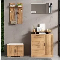 Merax Garderoben-Set mit Spiegel in Naturholzoptik, (Flurgarderoben Set Scandi Kompaktgarderobe, 1-St., B140 × T35 × H133 cm), Komplett-Set mit Schuhbank, Schuhschrank, 5 Türen & 4 Haken