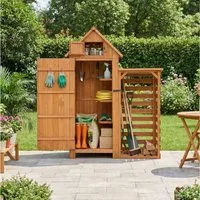 HOMAVO Gerätehaus mit Kaminholzregal Gartenschrank Werkzeugschrank Geräteschuppen, Outdoor-Schrank, Satteldach, mit 3 Einlegeböden, 131 × 54.3 × 179 cm
