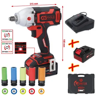 KS Tools eMONSTER 1/2 Zoll Brushless-Akku-Schlag-Schrauber-Satz, 9-tlg - 515.6100
