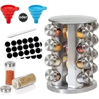 HEYHIPPO Gewürzkarussell 360° drehbares Gewürzregal, Küchengewürzregal mit 16 Gewürzgläsern, (Gewürzflasche aus Glas mit Trichter und Aufkleber,wasserdicht rostfrei, 17-tlg), Gewürzregal Turm aus Edelstahl, rund, Tischgewürzregal 18,5 x 28 cm