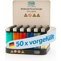 TOM Feuerzeuge Display Set Reibrad (50-St), 5 Farben, Flammeregulierung, Soft Flame