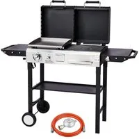 LALAHO Gasgrill 2-in-1 Gas- & Holzkohlegrill 4.5 kW, mit Deckel, Plancha & Grillrost, emailliert, für Garten, schwarz