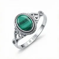 mantraroma Silberring BAGHIMI oval aus 925 Silber mit Malachit (Ring mit Schmuckbeutel), Damenring aus 925er Silber
