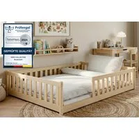 Kids Collective Kinderbett Bodenbett Bett mit Rausfallschutz & Lattenrost Montessori Bett Kinder (Jungen, Mädchen, Kinder, weitere Größen 80x160, 80x180, 90x190, 90x200, 120x200 cm), Jugendbett Gitterbett Einzelbett, Natur Kiefer 140x200 cm