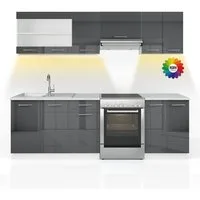 Vicco Küchenzeile Raul, Anthrazit/Weiß, 240 cm, AP Marmor mit LED-Leisten