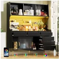 Flieks Küchenbuffet mit LED-Beleuchtung, Lochwand, Glasschiebetüren und 6 Schubladen (1-St., 145x39x171 cm) Hochschrank Küchenschrank Geschirrschrank mit Arbeitsplatte Schwarz