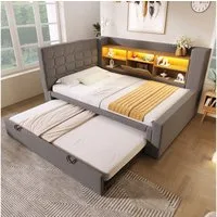 Ulife Daybett mit Ausziehbett 90x200cm/90x190cm, Polsterbett, Struraumbett, L-förmigem Kopfteil mit Stauraum, beidseitig montierbar