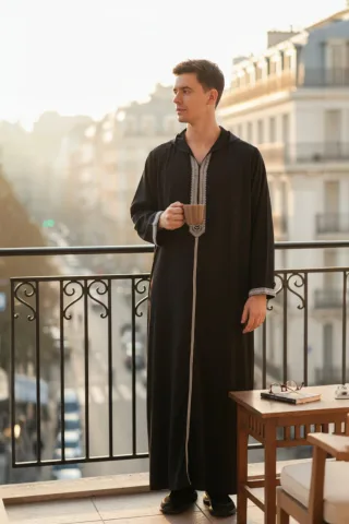 Herren Schwarz Eid Kapuzen marokkanische Thobe Robe Djellaba Gandoura Ramadan Jubba LFS- HM3