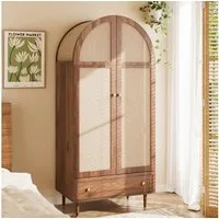 Merax Kleiderschrank mit Stofftüren, Schublade & Kleiderstange (79Lx50Bx175H Kommode, 1-St., für Gäste- & Ankleidezimmer) Garderobenschrank mit Holzfüßen und Naturoptik für Schlafzimmer