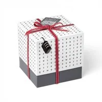 SURPRISA Geschenkbox Rätzel Geschenkbox, Geldgeschenk Verpackung & Gutschein Geschenk Box (inkl. 3-stelligem Zahlenschloss), Geschenkkarton Buchstaben-Rätsel, 16,5 x 16,5 x 16,5 cm, weiß
