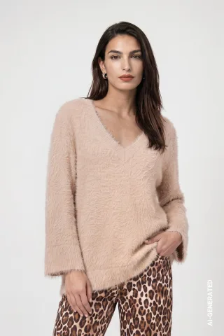 monari - Flauschiger Strickpullover mit V-Ausschnitt cappuccino - Gr. - 36