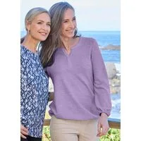 GOLDNER Longshirt Elegante Bluse mit Zierblende, Rundhals Flauschige Bluse mit geschlitztem Rundhals, hüftumspielende Länge