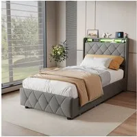 ADWOLT Stauraumbett Polsterbett mit Lattenrost und LED-Beleuchtung, Jugendbett 90x200cm mit USB&Type-C,Kinderbett mit 2 Schubladen,Grau