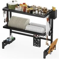 oyajia Geschirrständer Küchenregal über Spüle 2-stöckig aus Stahl, 85 cm aus Carbonstahl, mit Messerhalter, Schneidebrettständer & Haken, über Spüle Regal